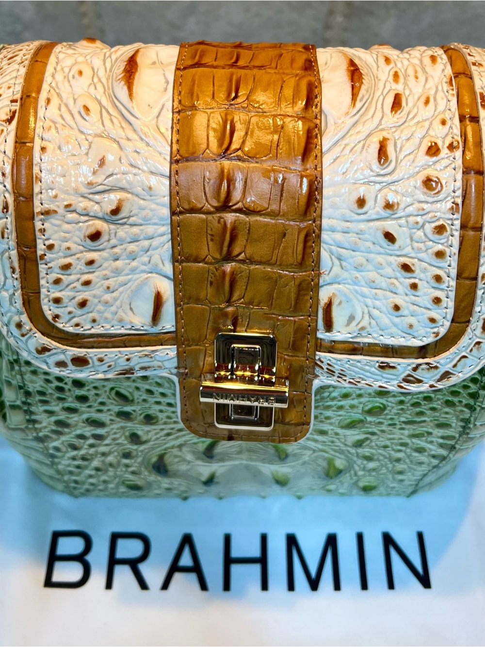 Brahmin Green and White Croc-Embossed Satchel with Gold Hardware - Picture 2 of 13
